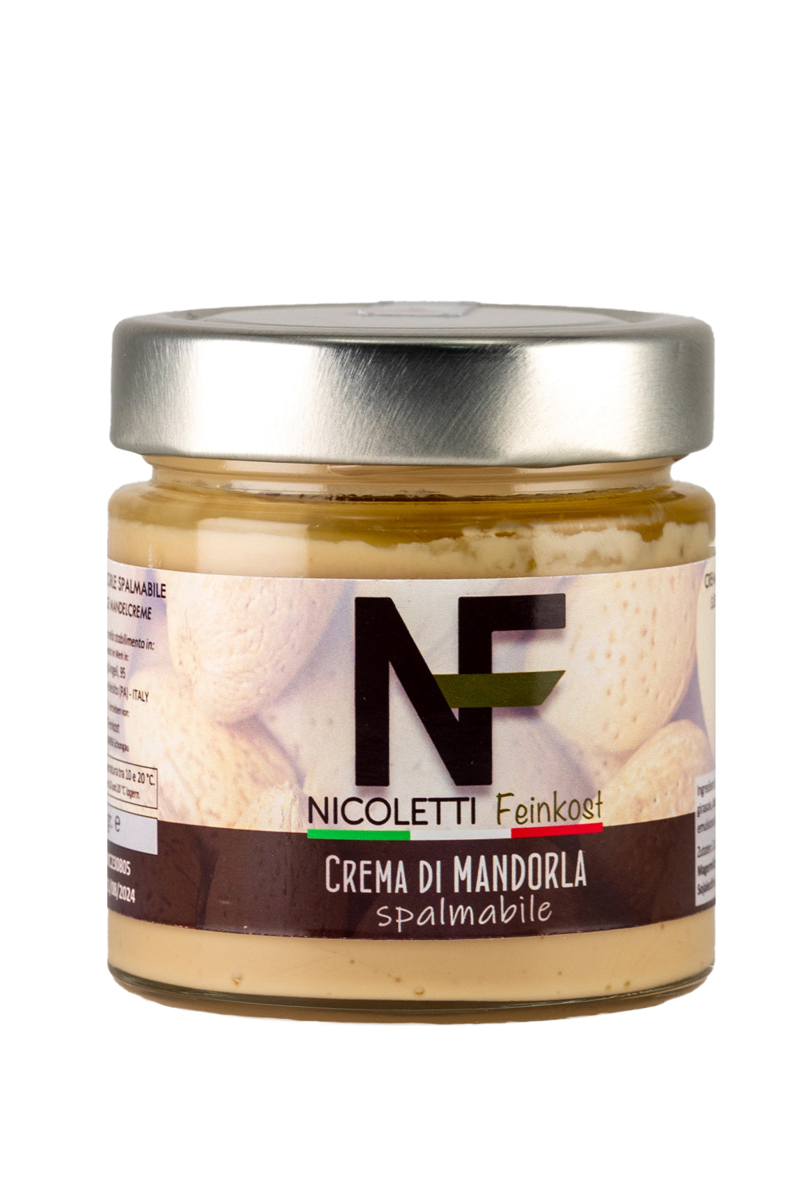 Glas mit Crema di Mandorla (230g), hergestellt in Sizilien für Nicoletti Feinkost Schongau, aus hochwertigen Mandeln, handwerkliche Mandelcreme mit intensivem, aromatischem Geschmack, ideal als Aufstrich, in Desserts oder pur.