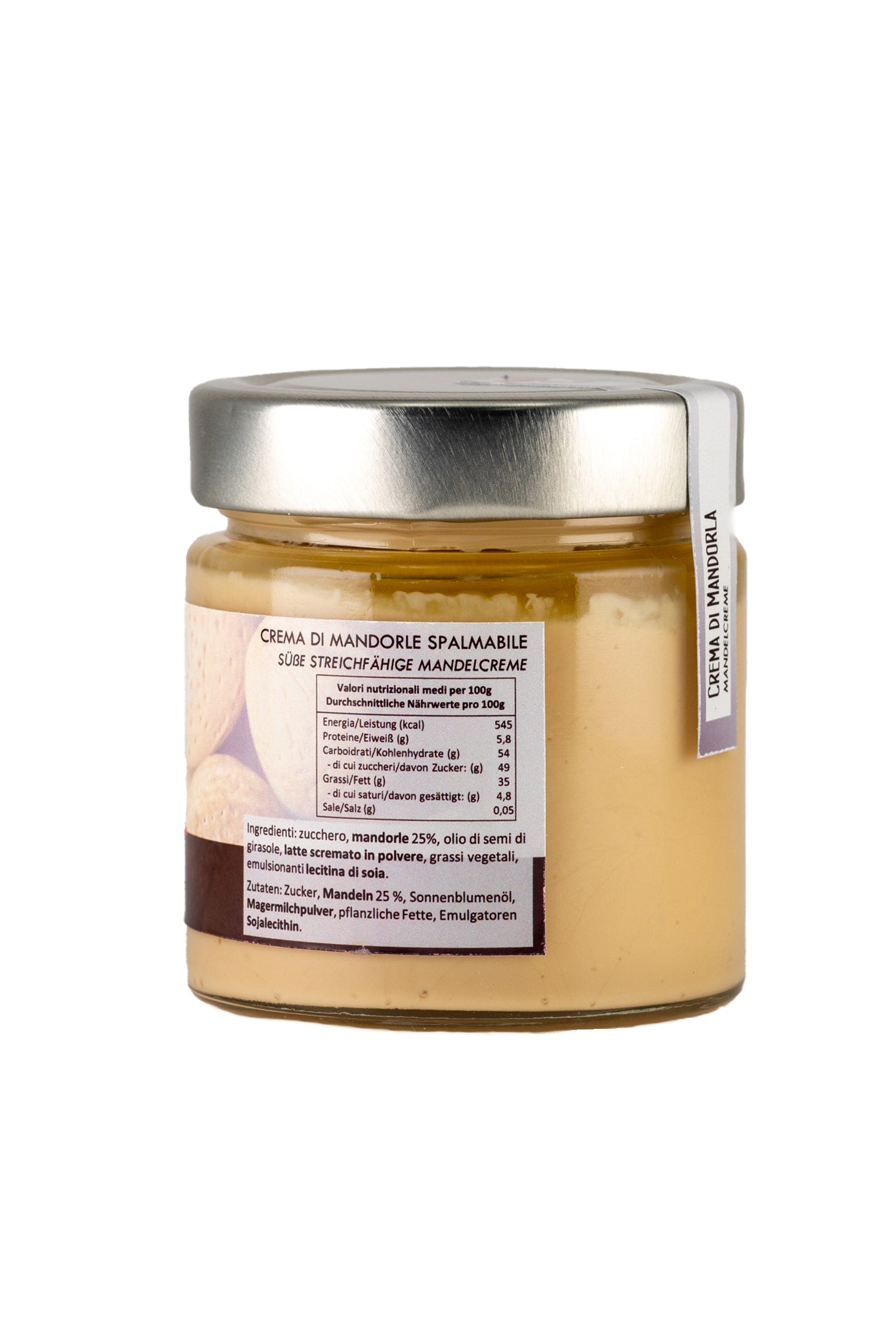 Seitenansicht des Glases Crema di Mandorla (230g), auf dem Etikett sichtbar: Hergestellt in Sizilien für Nicoletti Feinkost Schongau, handwerkliche Mandelcreme mit intensivem, aromatischem Geschmack, ideal als Aufstrich, in Desserts oder pur.