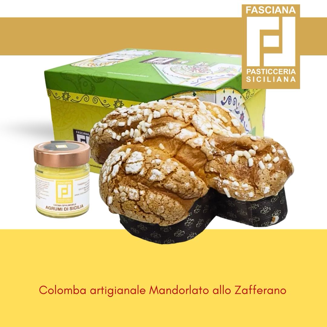 Colomba Zafferano di Sicilia – Sizilianischer Osterkuchen mit hochwertigem Safran aus Sizilien, verfeinert mit einer Zitruscreme aus sizilianischen Orangen, Zitronen und Mandarinen. Umhüllt von einer Mandelglasur und gerösteten Mandeln. In dekorativer Box, direkt vom lokalen Bäcker aus Sizilien.