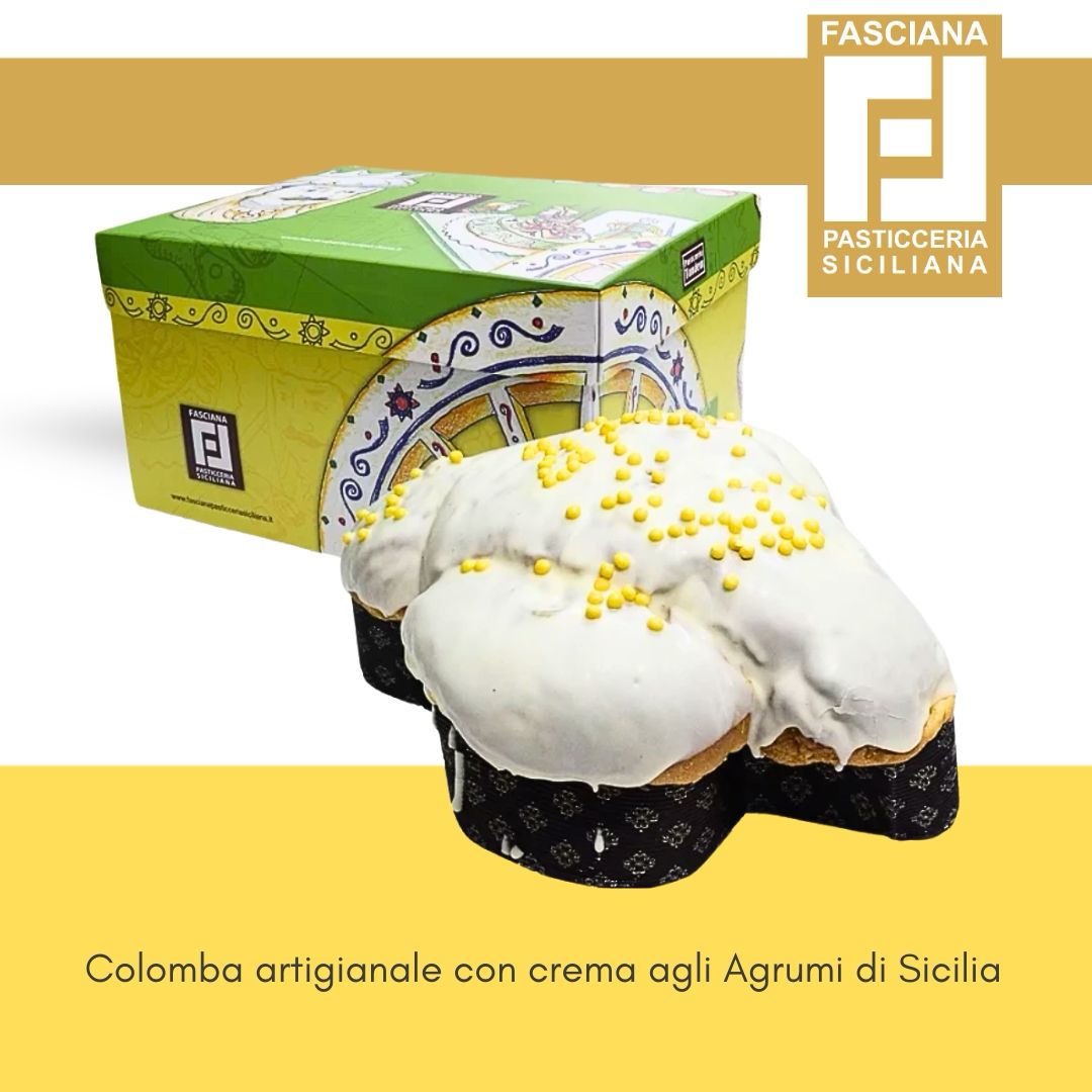 Colomba Agrumi di Sicilia – Sizilianischer Osterkuchen mit einem zarten Überzug aus weißer Schokolade und feinen Schokoladensphären, gefüllt mit einer Creme aus sizilianischen Zitrusfrüchten (Orange, Zitrone und Mandarine). In dekorativer Box, direkt vom lokalen Bäcker aus Sizilien.