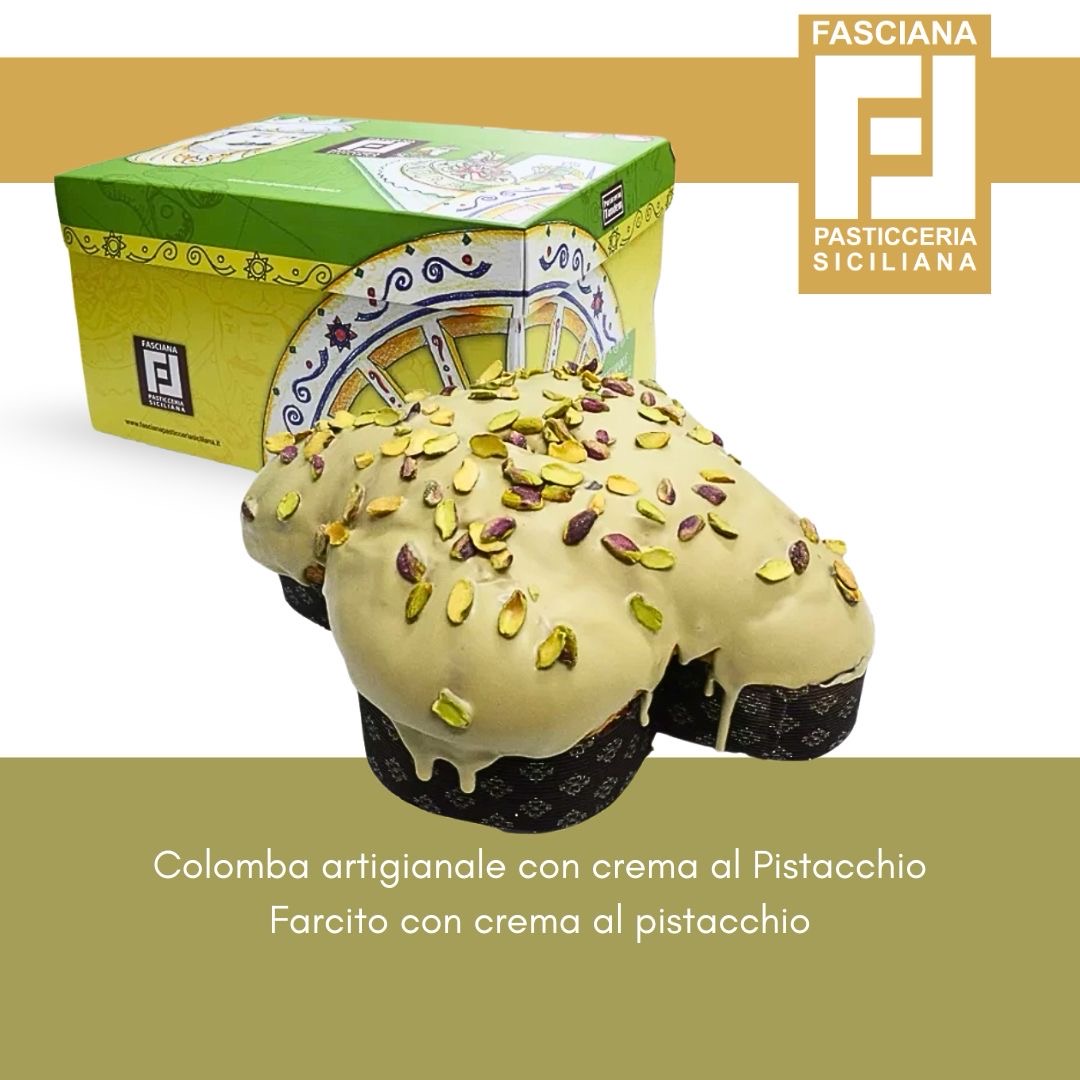 Colomba al Pistacchio – Sizilianischer Osterkuchen mit einer feinen Pistaziencreme im Teig, umhüllt von Pistazienschokolade und gerösteten Pistazien. In dekorativer Box, direkt vom lokalen Bäcker aus Sizilien.