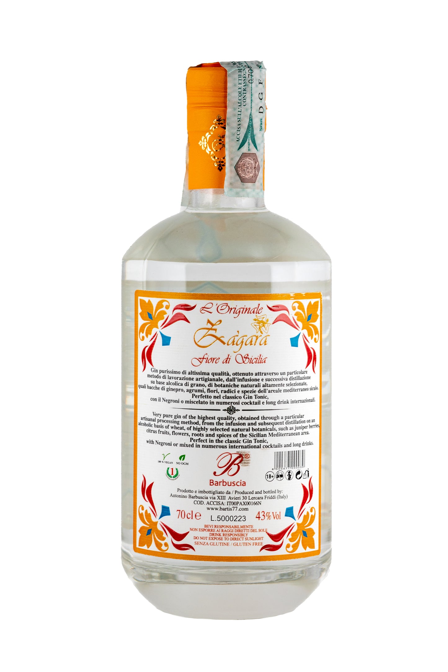 Rückseite des Gin Zàgara – Enthält Details zu den Zutaten, Herstellung und Serviervorschlägen für diesen sizilianischen Premium-Gin