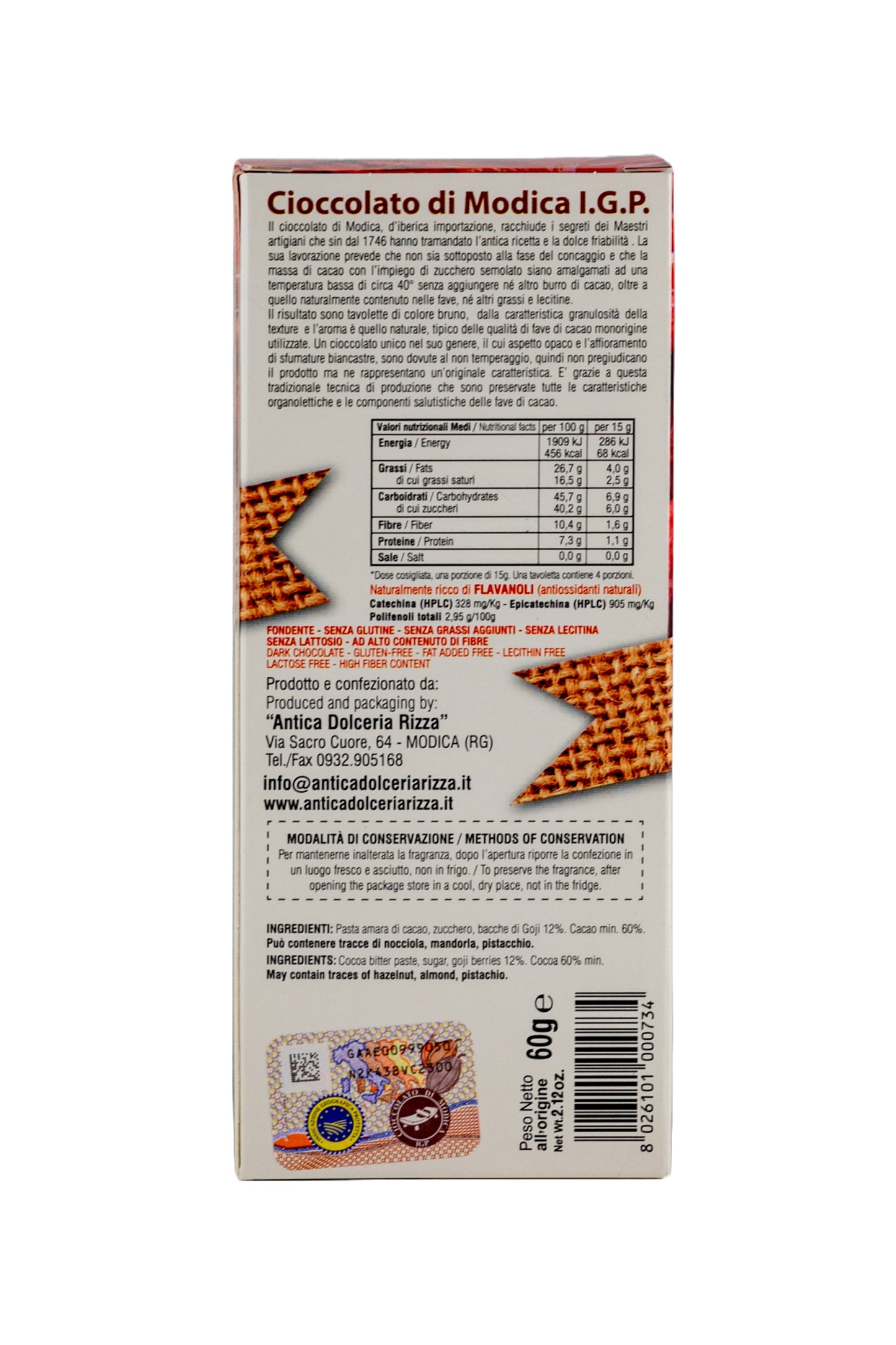 CIOCCOLATO DI MODICA - BACCHE DI GOJI (60g)