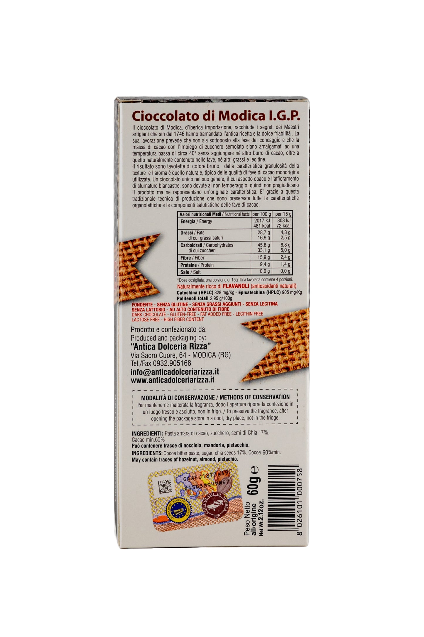 CIOCCOLATO DI MODICA - SEMI DI CHIA (60g)