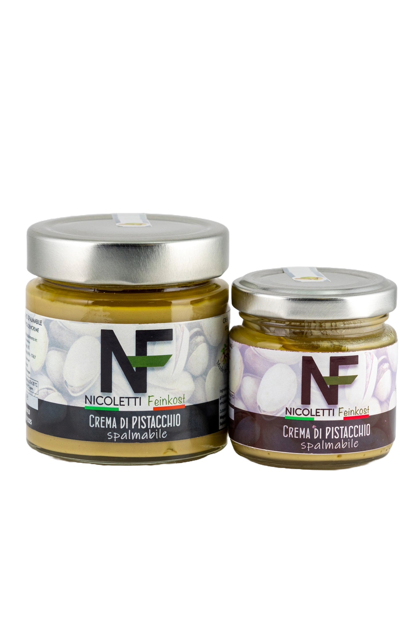 Zwei Gläser Crema di Pistacchio: 230g und 100g, hergestellt in Sizilien für Nicoletti Feinkost Schongau, handwerkliche Pistaziencreme mit intensivem nussigen Geschmack, ideal als Aufstrich oder in Desserts.