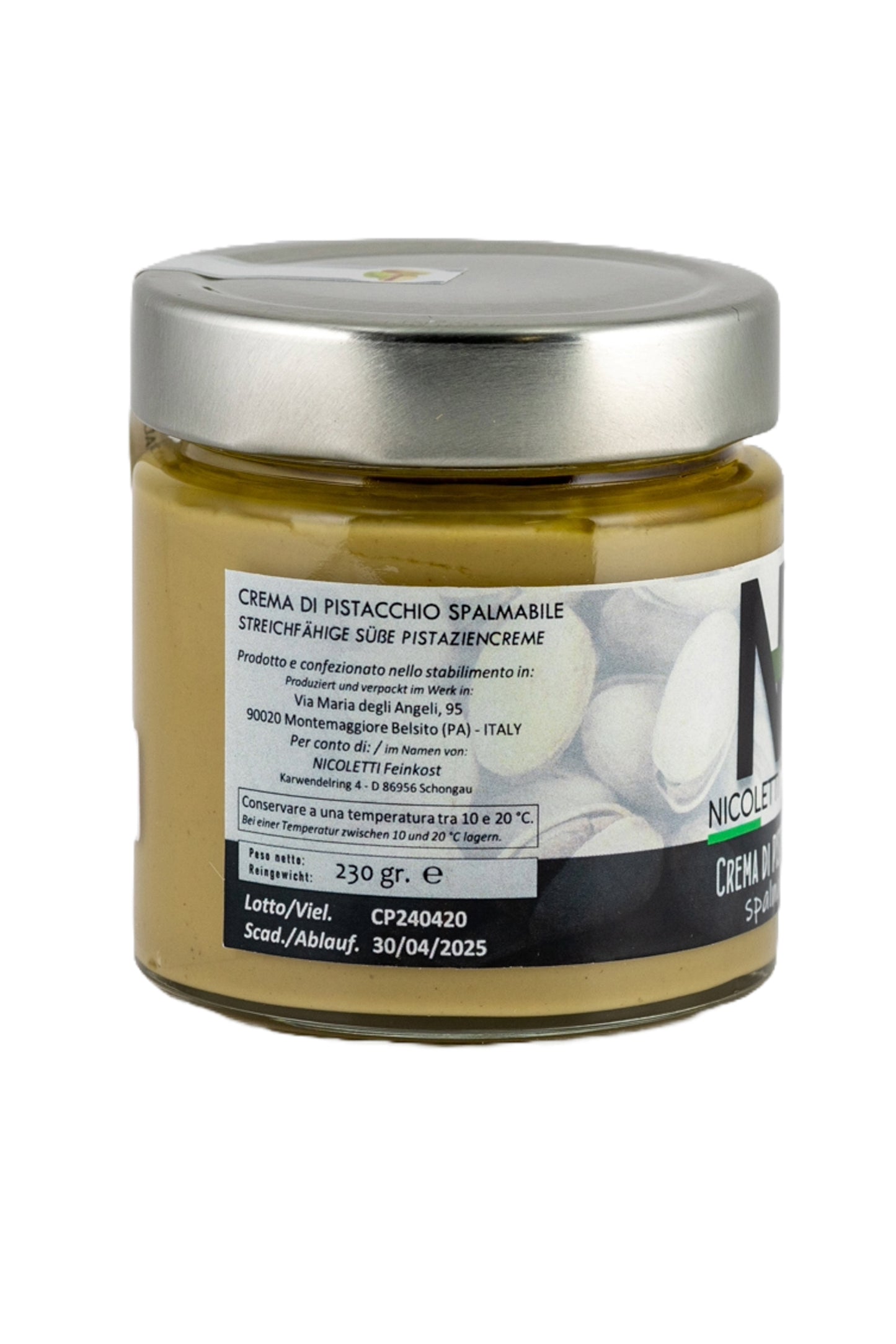 Seitenansicht des Glases Crema di Pistacchio (230g), hergestellt in Sizilien für Nicoletti Feinkost Schongau, handwerkliche Pistaziencreme mit intensivem nussigen Geschmack, ideal als Aufstrich oder in Desserts.