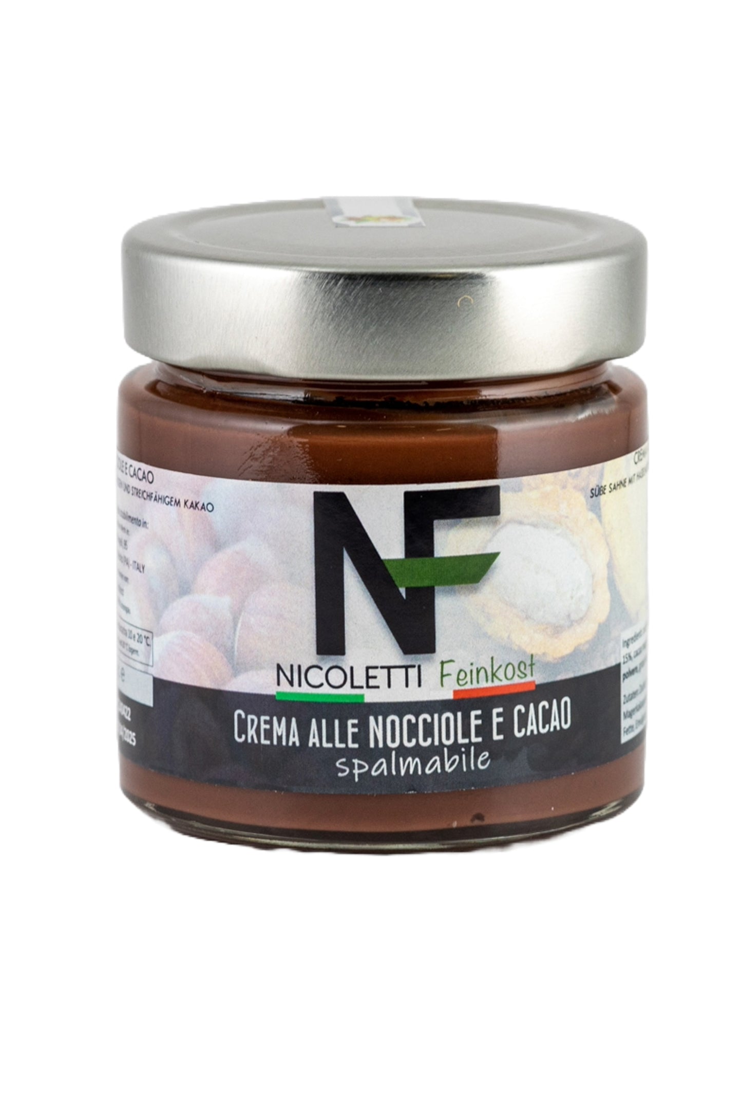 Glas mit Crema alle Nocciole e Cacao (230g), hergestellt in Sizilien für Nicoletti Feinkost Schongau, aus hochwertigen Haselnüssen und Kakao, handwerkliche Haselnuss-Schokoladencreme mit intensivem nussigen Geschmack und süßem Kakao, ideal als Aufstrich, in Desserts oder pur.