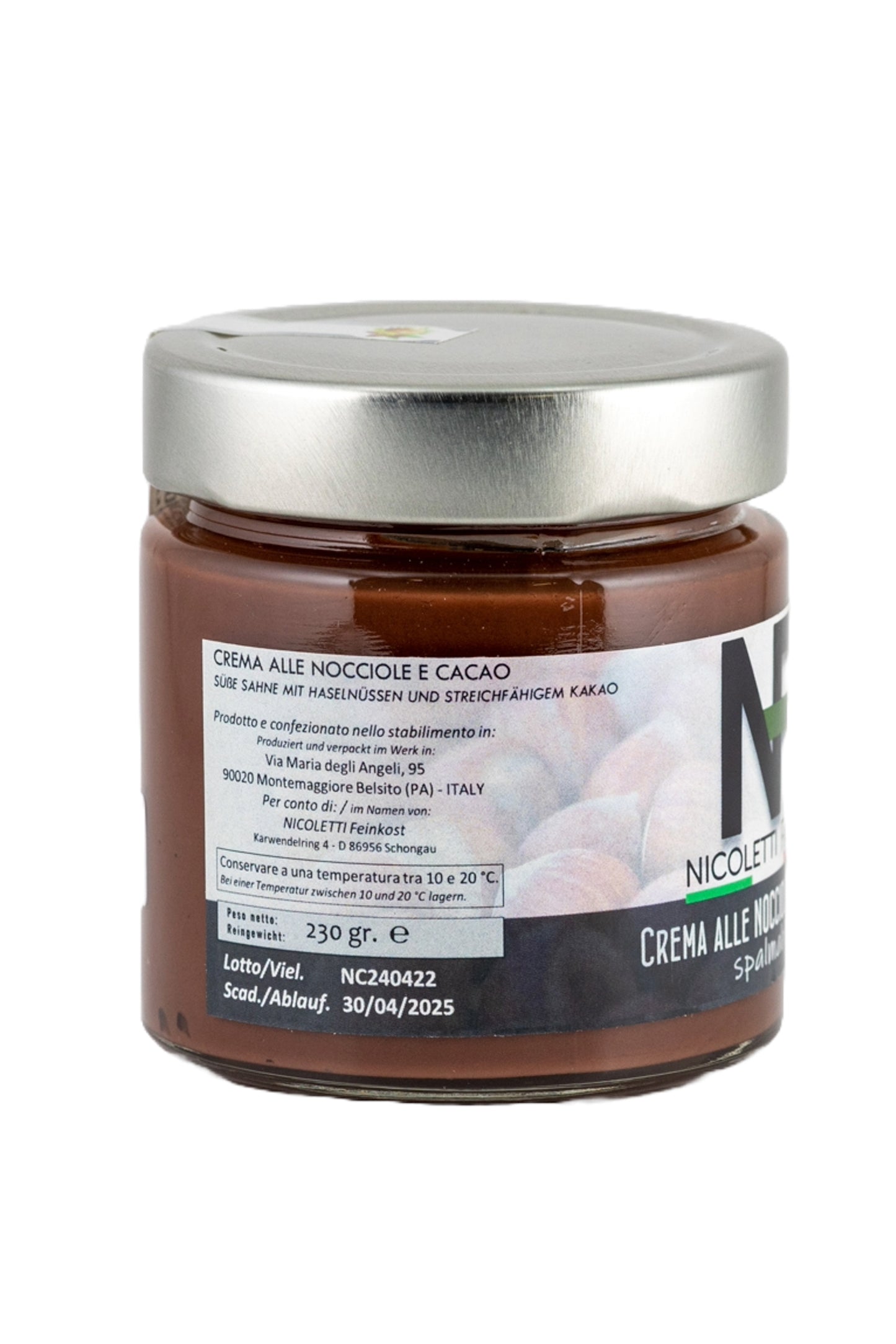 Seitenansicht des Glases Crema alle Nocciole e Cacao (230g), auf dem Etikett sichtbar: Hergestellt in Sizilien für Nicoletti Feinkost Schongau, handwerkliche Haselnuss-Schokoladencreme mit intensivem nussigen Geschmack und süßem Kakao, ideal als Aufstrich, in Desserts oder pur.
