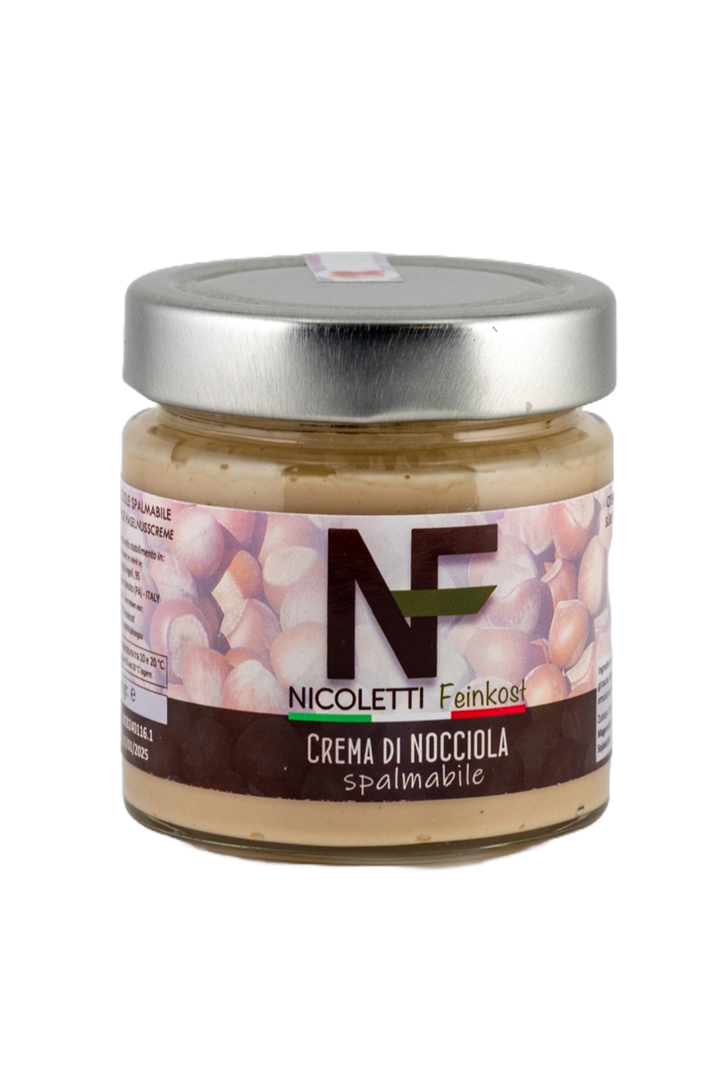 Glas mit Crema di Nocciola (230g), hergestellt in Sizilien für Nicoletti Feinkost Schongau, aus hochwertigen Haselnüssen, handwerkliche Haselnusscreme mit intensivem, aromatischem Geschmack, ideal als Aufstrich, in Desserts oder pur.