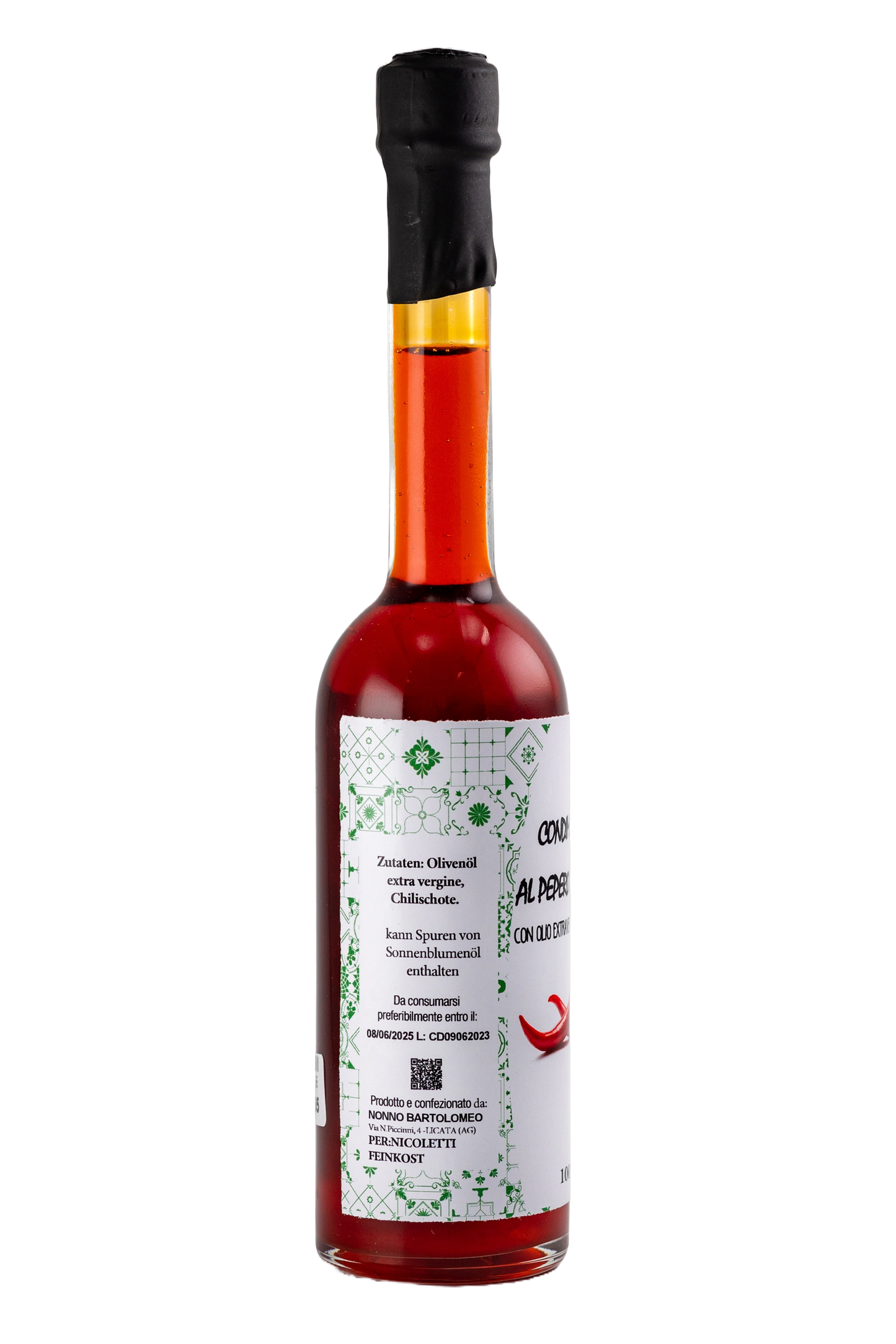 Flasche CONDIMENTO AL PEPERONCINO (100ml) - Peperoncinoöl aus Sizilien. Mit Zutatenangabe: Natives Olivenöl extra und Peperoncino.