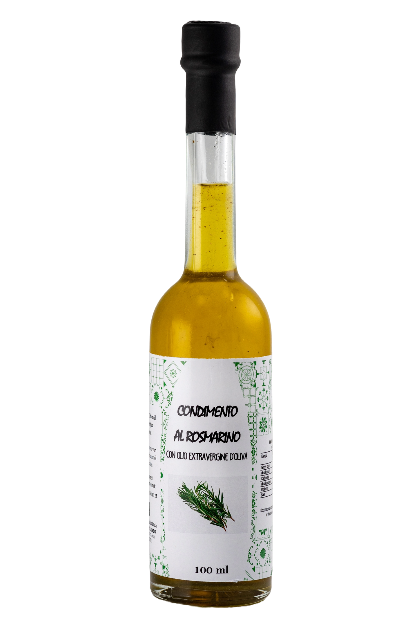 Flasche CONDIMENTO AL ROSMARINO (100 ml) mit Rosmarinöl aus Sizilien, das den unverwechselbaren Geschmack von Rosmarin mit hochwertigem nativem Olivenöl extra vereint. Perfekt zum Verfeinern von Pasta, Risotto, Fleischgerichten oder Gourmet-Pizzen.