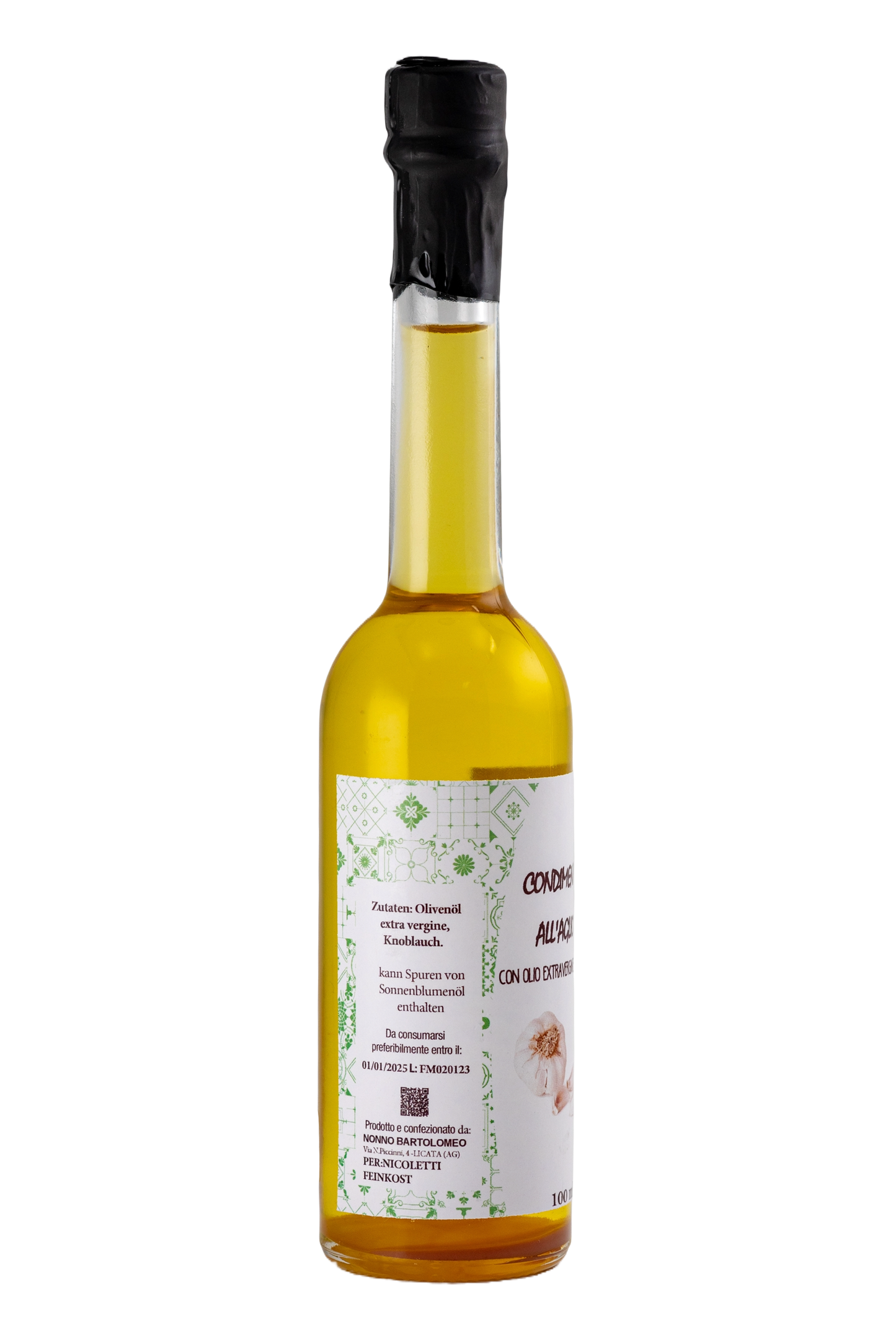 Seitenaufnahme der Flasche CONDIMENTO ALL'AGLIO (100 ml) – Knoblauchöl aus Sizilien, mit Zutatenangabe und intensivem Knoblauchgeschmack, kombiniert mit hochwertigem nativem Olivenöl extra.