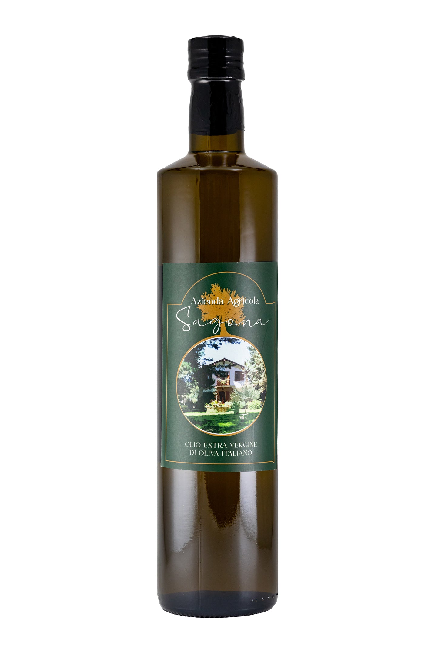 Flasche Olio Extra Vergine di Oliva der Azienda Agricola Sagona, 750 ml, mit eleganter Etikettierung. Das Olivenöl aus Alia, Sizilien, wird durch Kaltpressung gewonnen, um seine Aromen und Nährstoffe zu bewahren. Ideal für Salate, gegrilltes Gemüse oder als Dip zu frischem Brot.