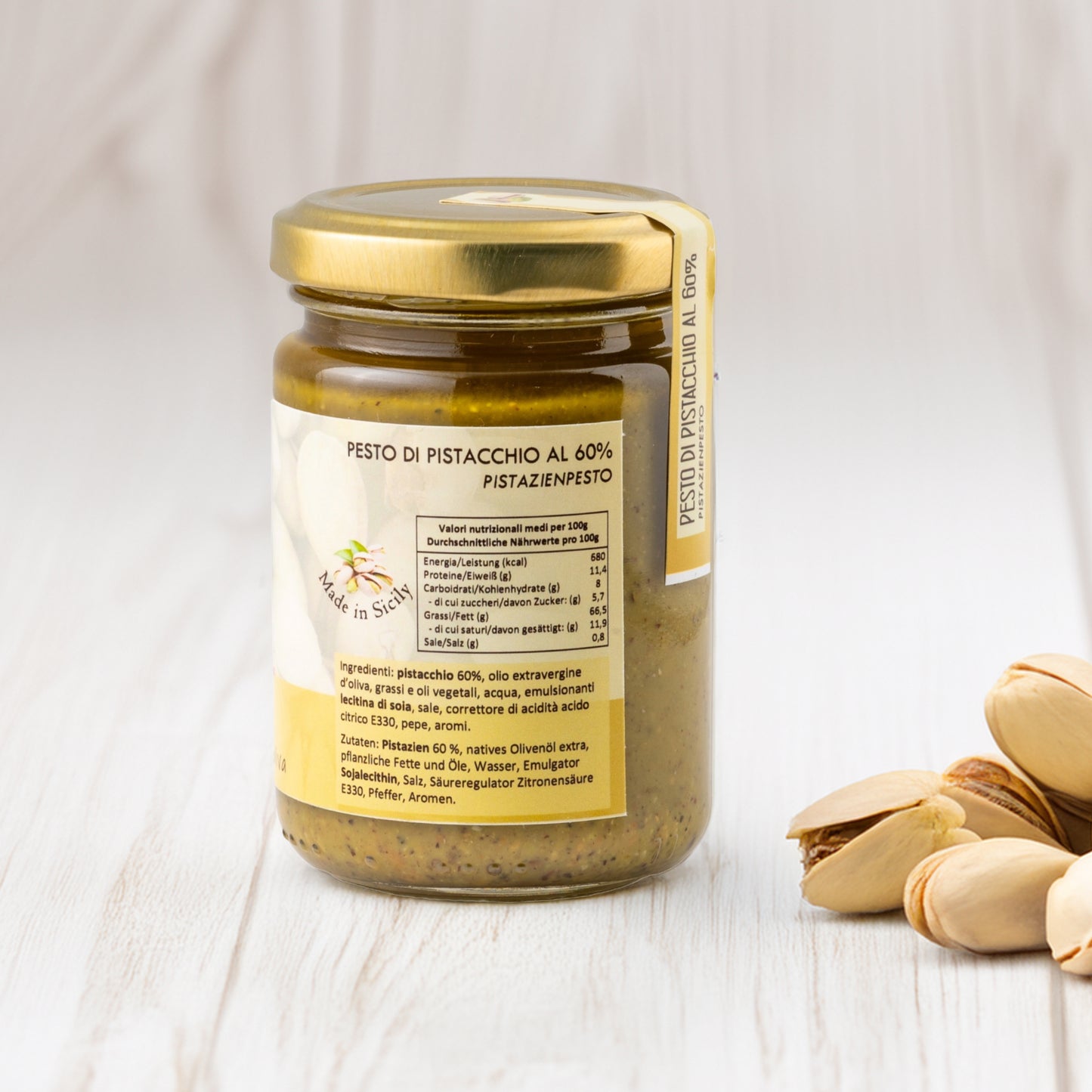 Rückseite des Pesto di Pistacchio aus Sizilien – Zutatenliste und Nährwertangaben, produziert exklusiv für Nicoletti Feinkost.
