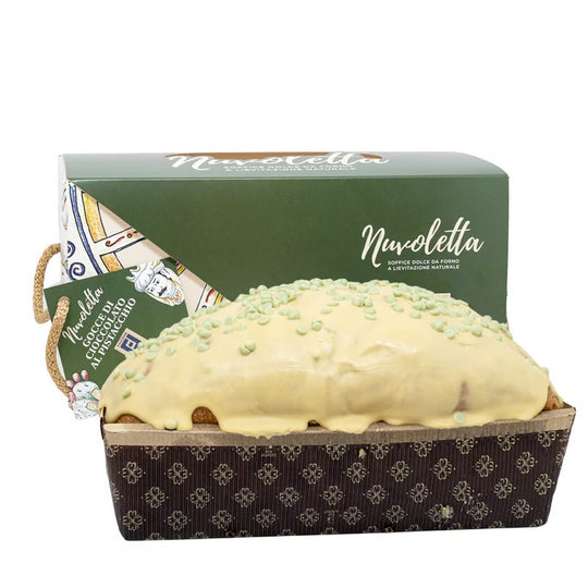 Nuvoletta Pistacchio – Köstlicher Hefeteig mit Pistazien-Schokoladentropfen, die für eine nussige Süße sorgen. Mit langsamer Gärung für eine zarte, weiche Textur. Perfekt als Frühstück, Nachspeise oder zum Kaffee. Direkt aus Sizilien.