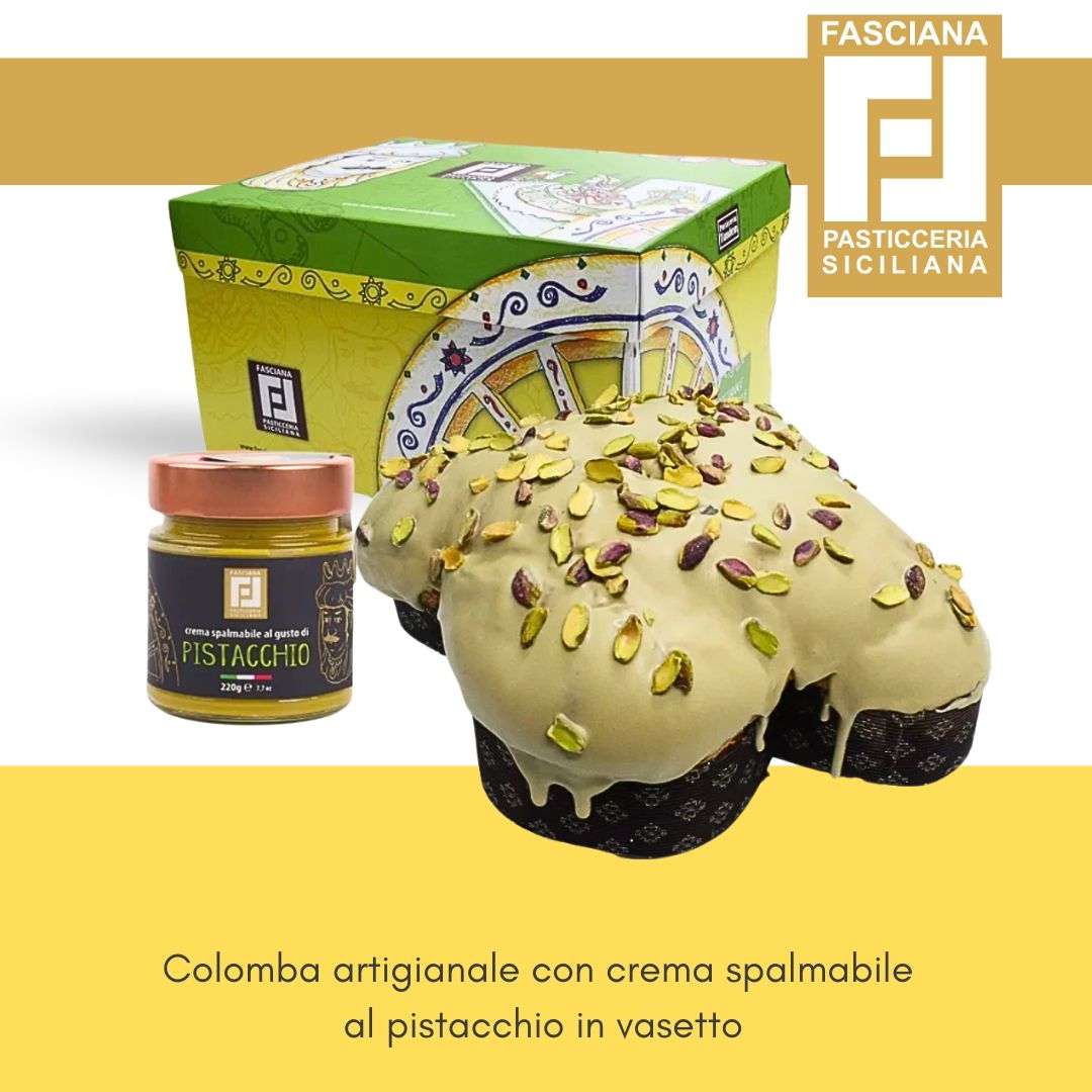 Colomba al Pistacchio – Sizilianischer Osterkuchen, begleitet von einem Glas feiner Pistaziencreme. Umhüllt von Pistazienschokolade und gerösteten Pistazien. In dekorativer Box, direkt vom lokalen Bäcker aus Sizilien.