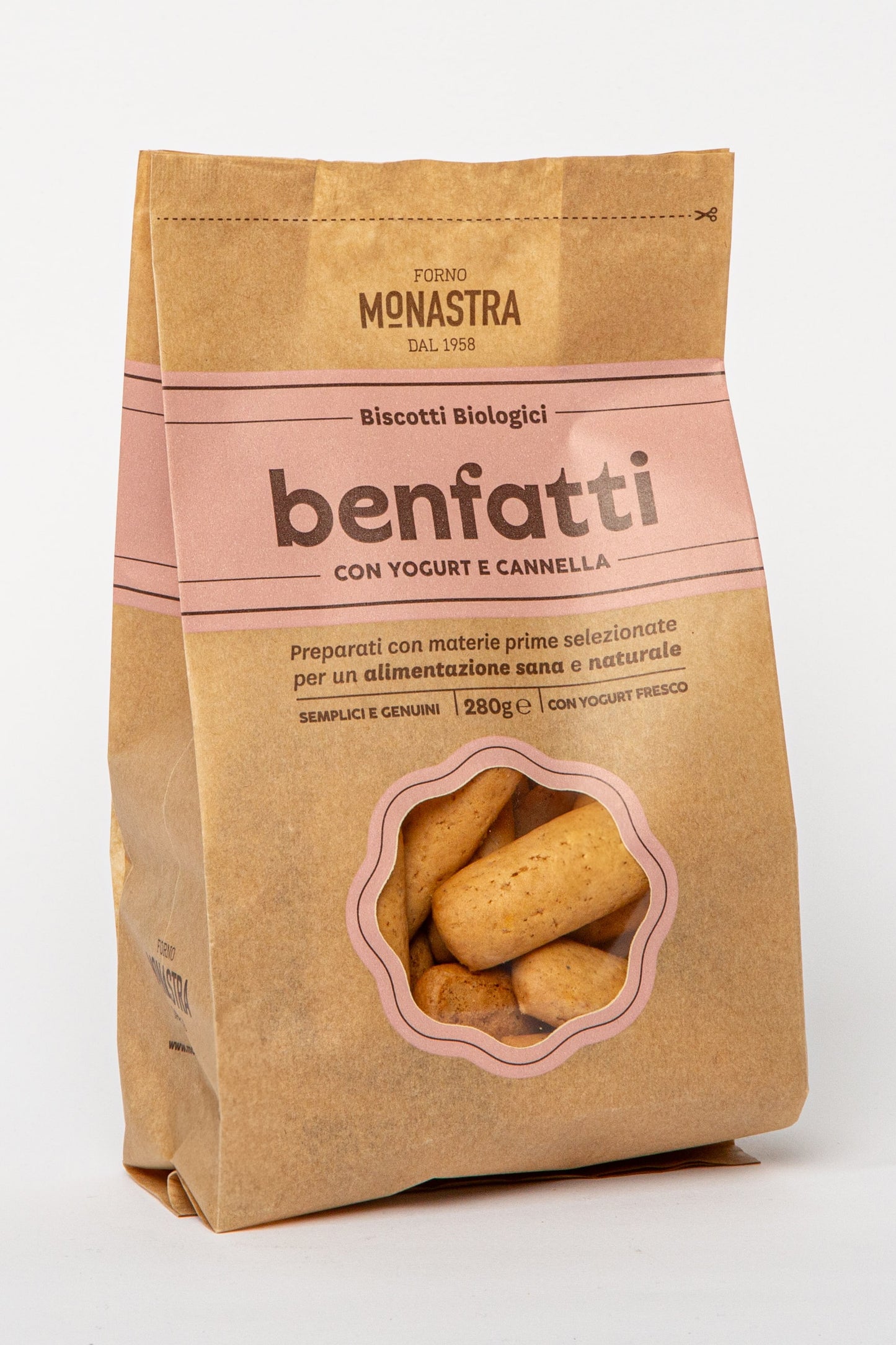 Biscotti Biologici Benfatti con Yogurt e Cannella (Joghurt und Zimt) von Forno Monastra in einer natürlichen Papierverpackung – die Kekse sichtbar durch ein transparentes Sichtfenster, präsentiert in rustikalem Design, erhältlich bei Nicoletti Feinkost in Schongau.