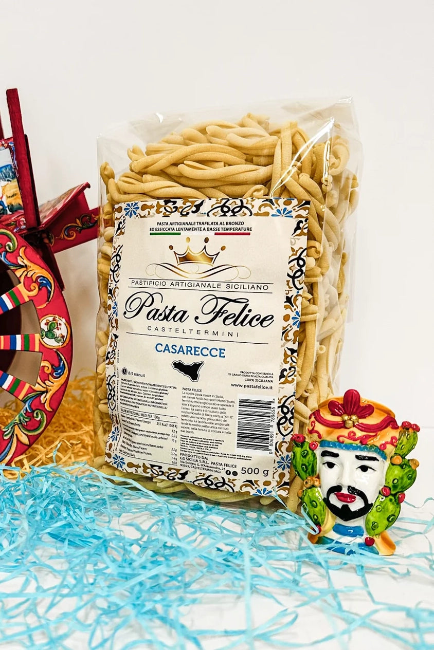 Die Packung der Caserecce Pasta Felice – handwerklich hergestellte sizilianische Nudeln aus Bronzeformen, 500g.