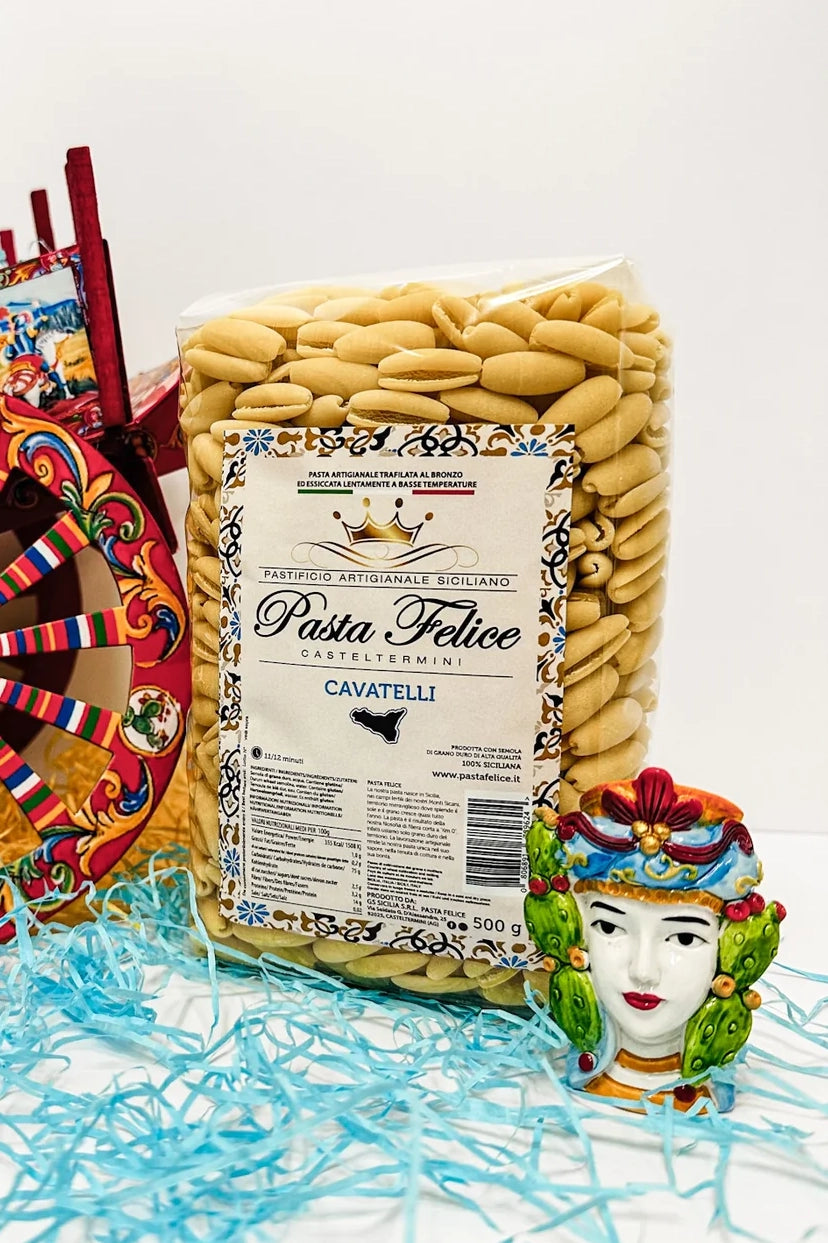 Die Packung der Cavatelli Pasta Felice – traditionell hergestellte sizilianische Nudeln aus Bronzeformen, 500g. Erhältlich bei Nicoletti Feinkost in Schongau.