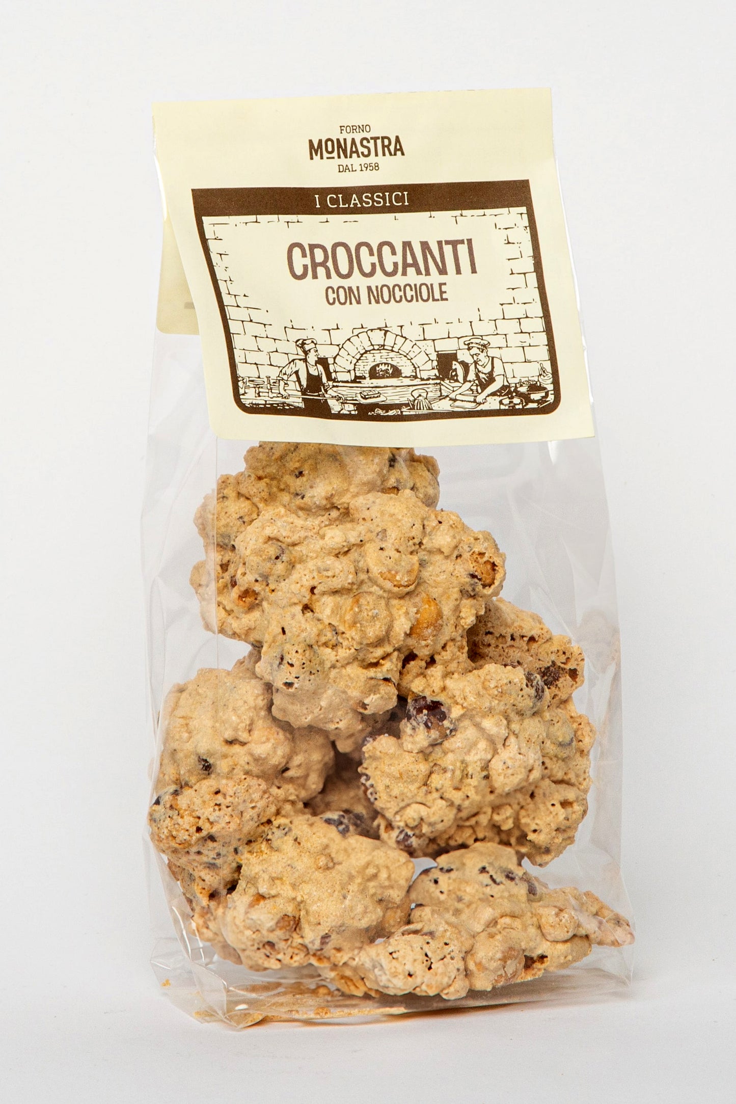 Verpackung der Croccantini con Nocciole von Forno Monastra – gefüllt mit feinen, handgemachten Haselnussgebäcken aus Sizilien, erhältlich bei Nicoletti Feinkost in Schongau.