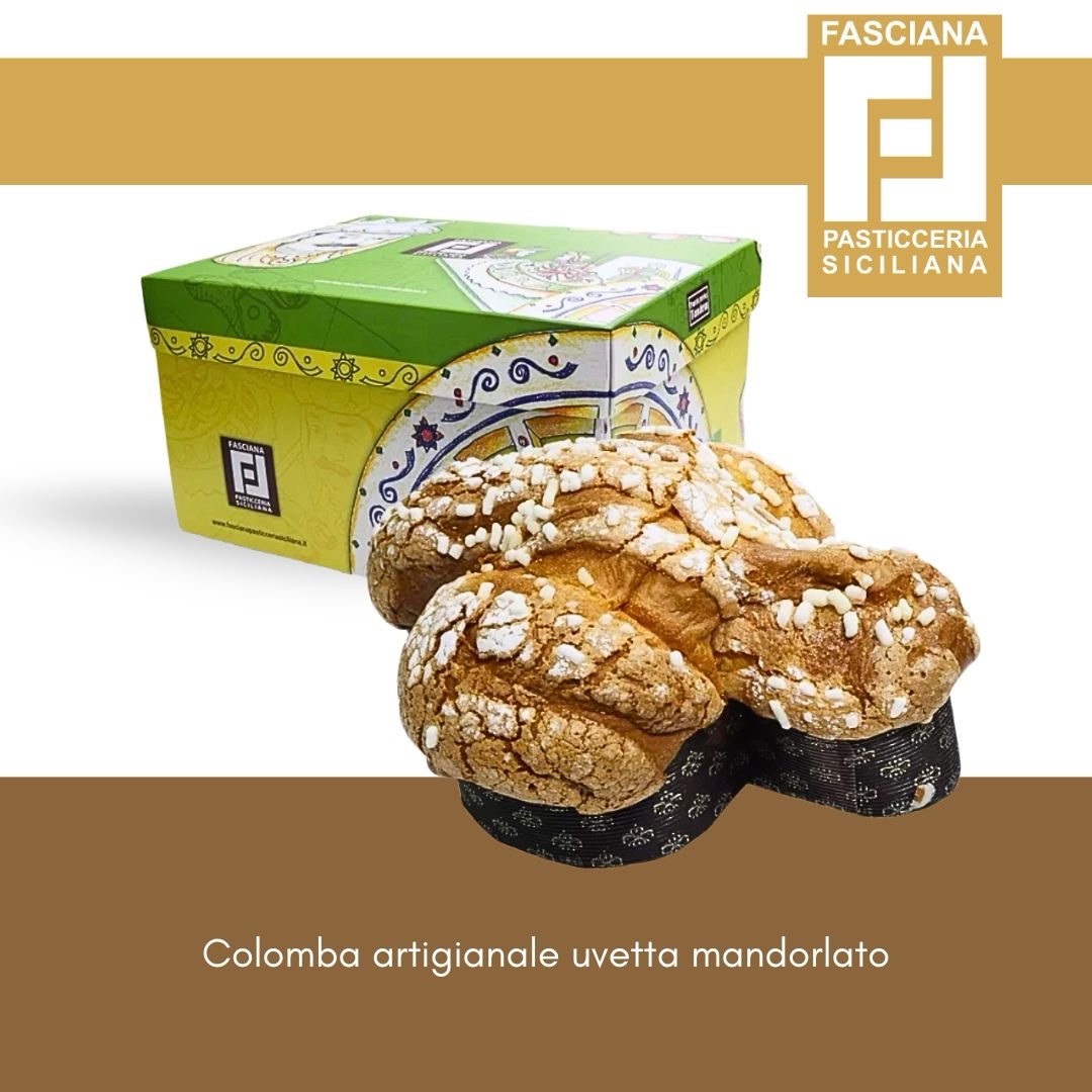 Colomba Uvetta Mandorlato – Sizilianischer Osterkuchen mit aromatischen Rosinen und einer knusprigen Mandelglasur. In dekorativer Box, direkt vom lokalen Bäcker aus Sizilien.