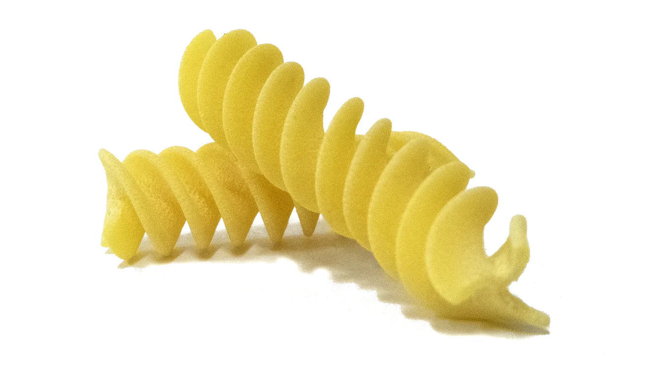 Zwei einzelne handgemachte Fusilli-Nudeln aus sizilianischem Hartweizengrieß – bronzgezogen und langsam getrocknet.