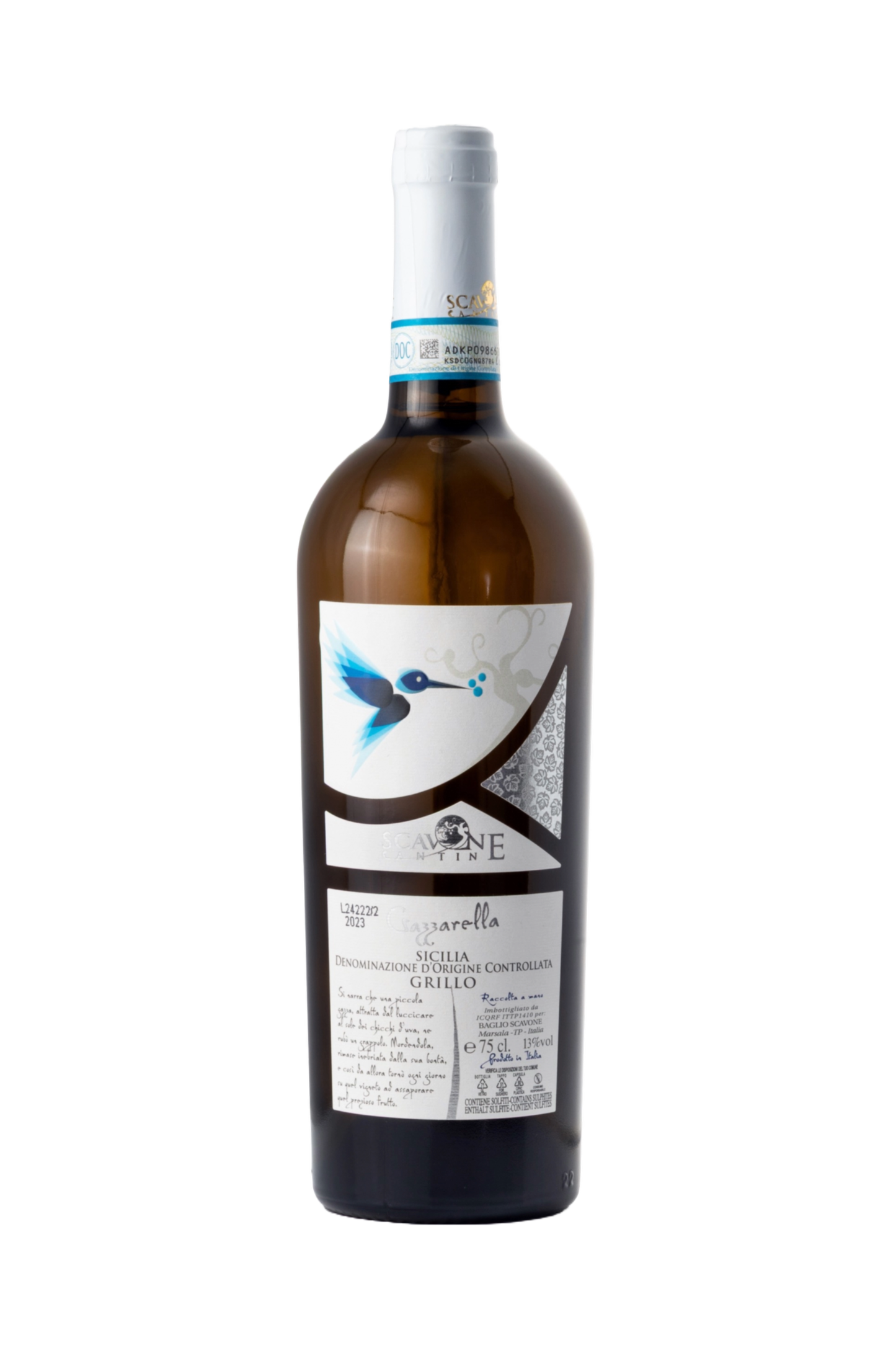 Flasche Gazzarella Grillo Terre Siciliane I.G.P. – frischer Weißwein aus Sizilien mit harmonischem Geschmack und leuchtender Farbe, erhältlich bei Nicoletti Feinkost.