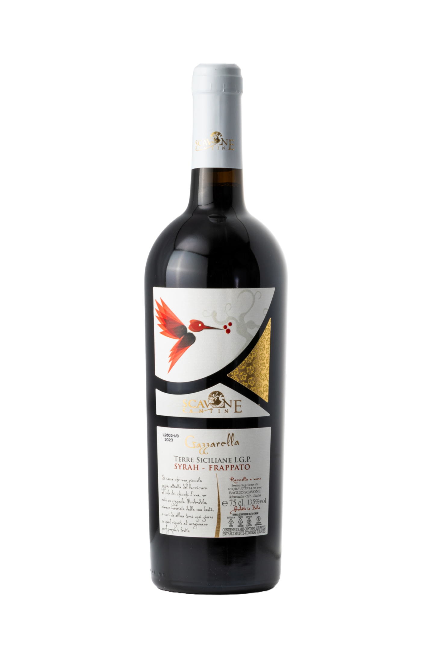 Flasche Gazzarella Syrah Frappato Terre Siciliane I.G.P. – kräftiger Rotwein aus Sizilien mit intensiven Aromen und samtigem Geschmack, im Sortiment von Nicoletti Feinkost.