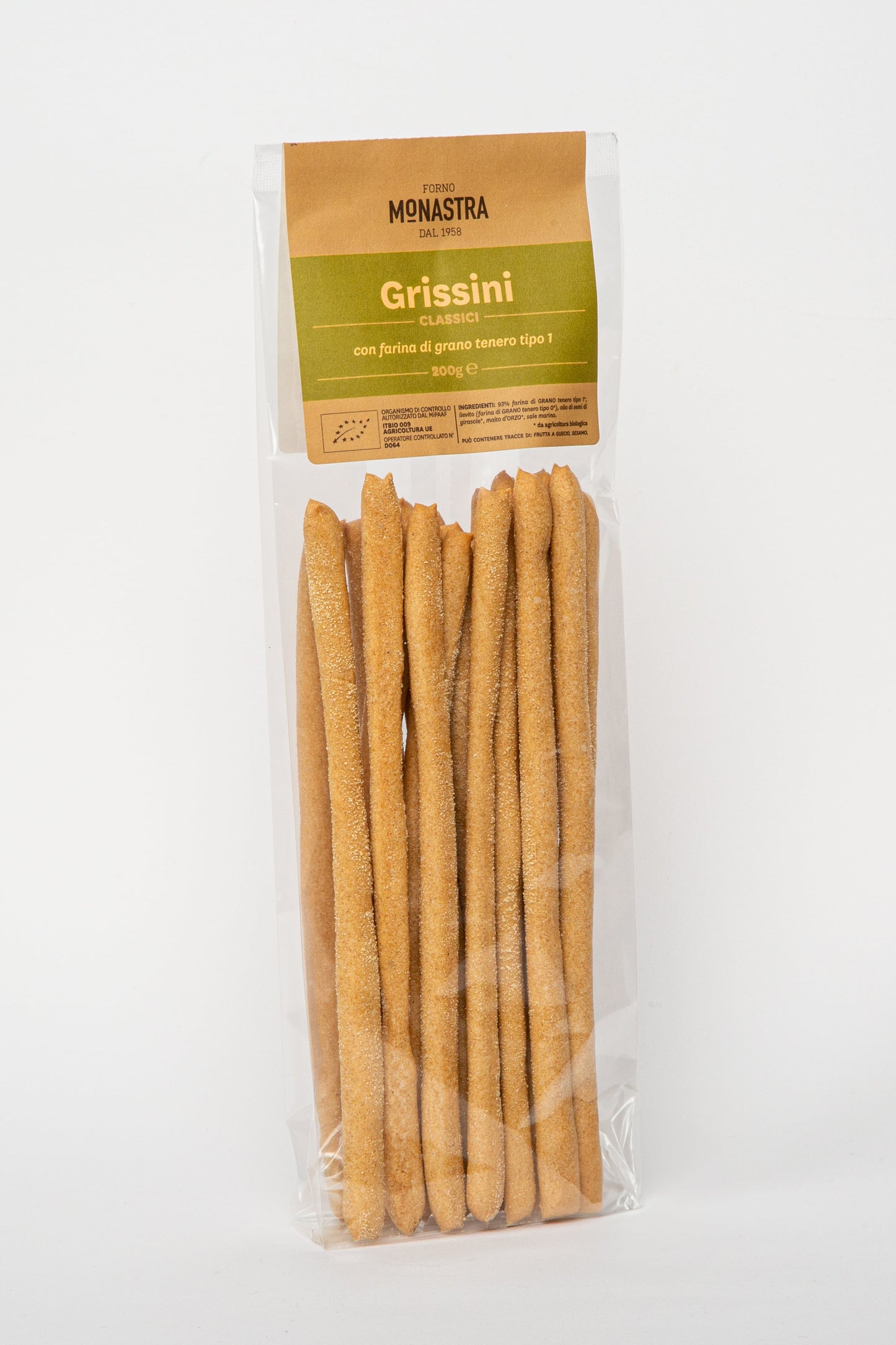 Auf dem Bild sind die Grissini Classici Bio 200g von Forno Monastra zu sehen – knusprige Bio-Brotstangen, ideal für Antipasti und Käse, erhältlich bei Nicoletti Feinkost in Schongau.