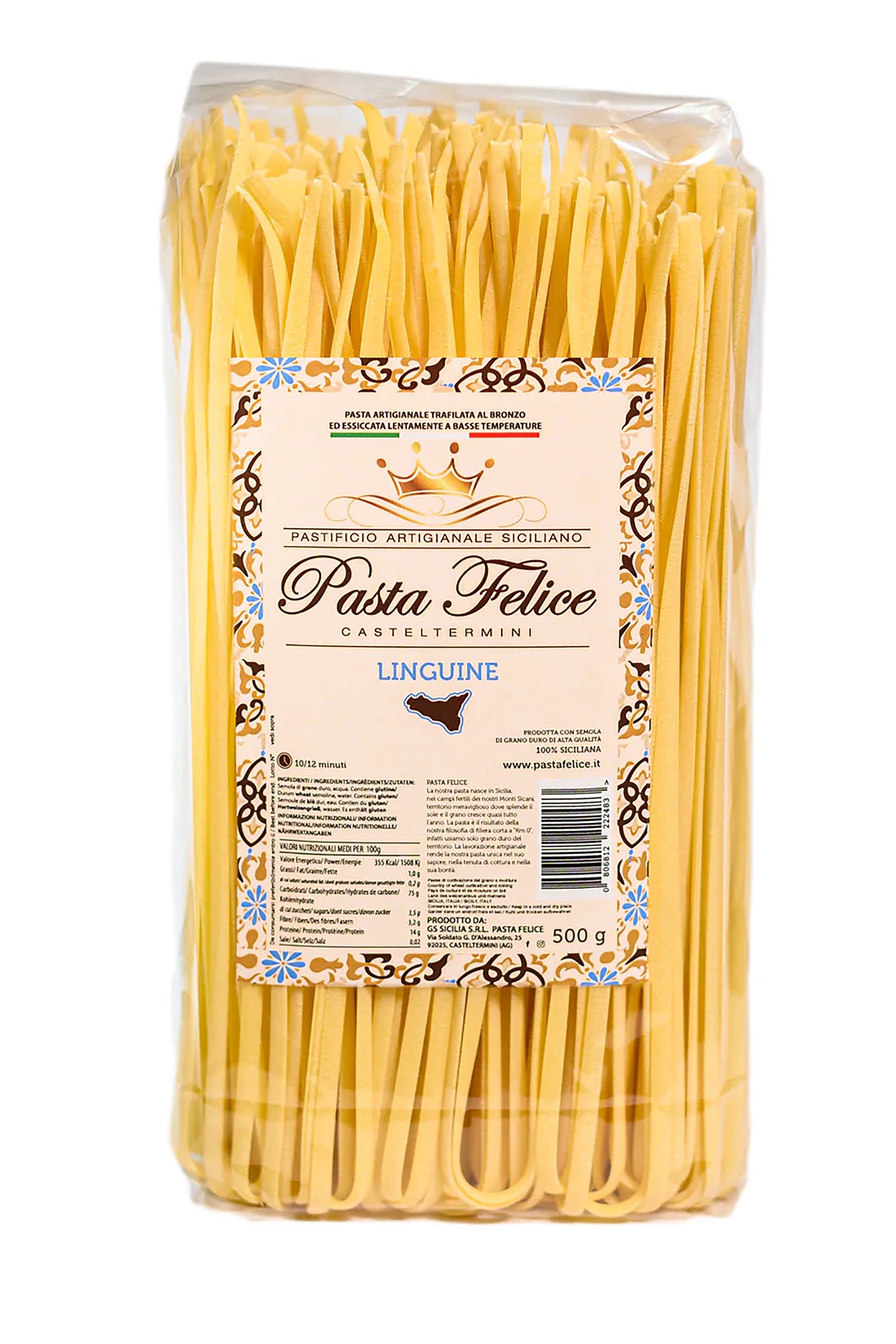 Packung Linguine Pasta Artigianale, hergestellt aus 100% sizilianischem Hartweizen, getrocknet bei niedrigen Temperaturen für maximalen Geschmack, erhältlich bei Nicoletti Feinkost.