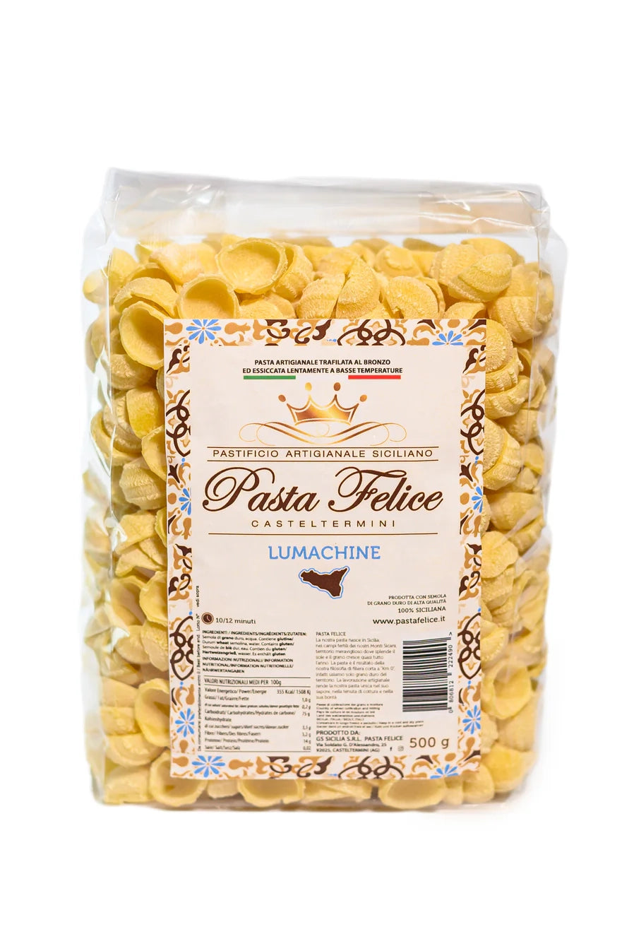 Verpackung der traditionellen sizilianischen Pasta Lumachine (500g) von Pasta Felice, erhältlich bei Nicoletti Feinkost in Schongau.