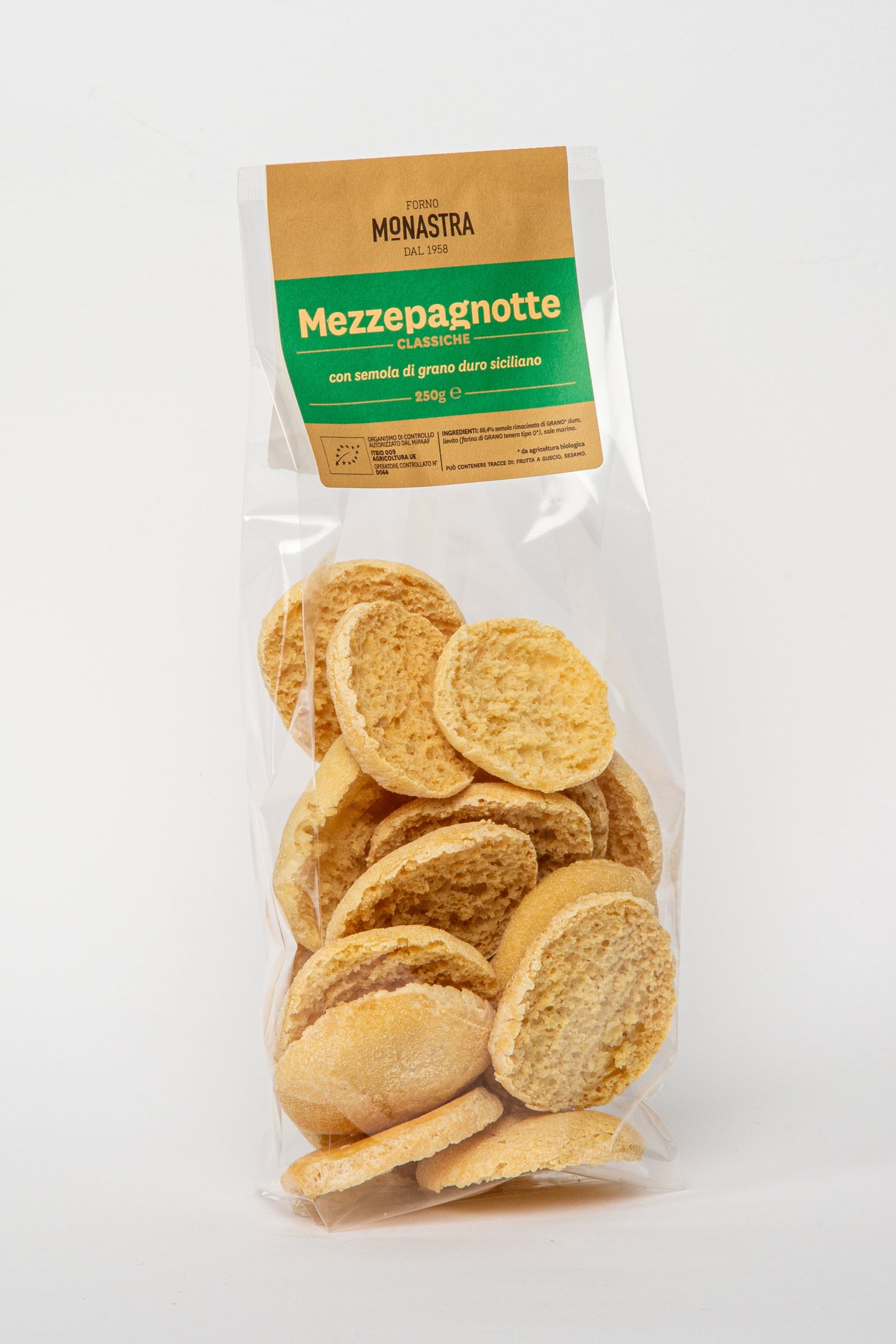 Mezzepagnotte Classiche von Forno Monastra – halbgebackenes sizilianisches Brot in Verpackung, ideal zum Fertigbacken, erhältlich bei Nicoletti Feinkost in Schongau.