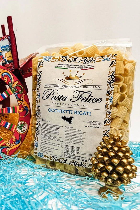 Packung der sizilianischen Pasta Occhietti Rigati aus Bronzeformen, traditionell hergestellt in Sizilien – erhältlich bei Nicoletti Feinkost in Schongau.