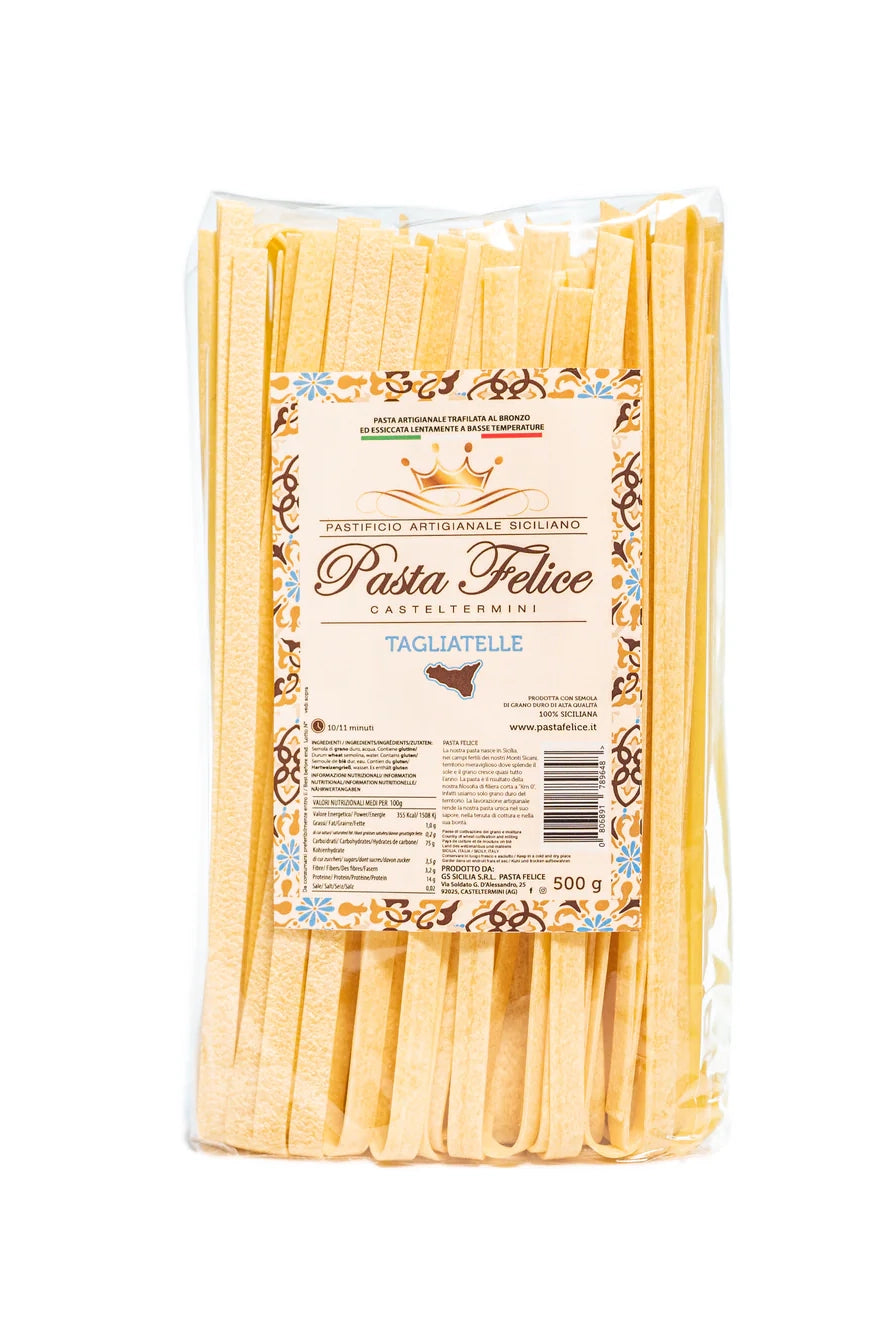 Packung Tagliatelle Pasta Artigianale Felice aus Sizilien – traditionelle Hartweizenpasta, hergestellt mit Bronzeformen und langsamer Trocknung.