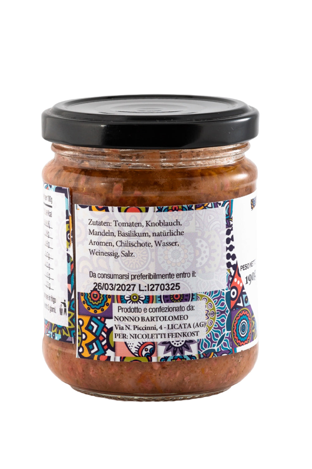 Sizilianisches Pesto Carrettiera im Glas bei Nicoletti Feinkost in Schongau mit Zutatenliste Tomaten Knoblauch Basilikum