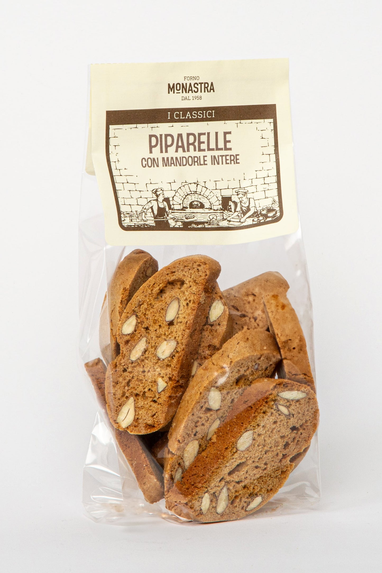 Verpackung der Piparelle con Mandorle Intere von Forno Monastra – feine sizilianische Kekse mit ganzen Mandeln und karamellisierten Feigen, erhältlich bei Nicoletti Feinkost in Schongau.