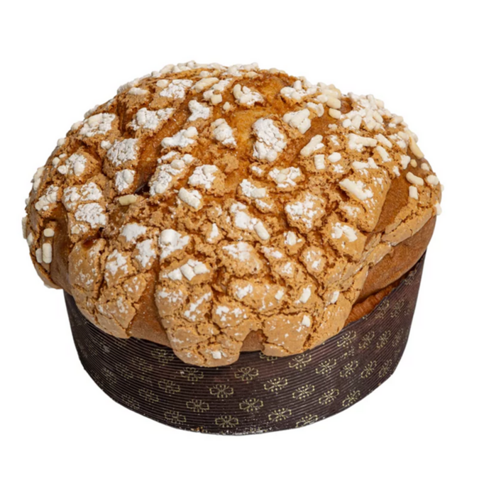 Panettone Uvetta Mandorlato – Traditioneller italienischer Panettone mit aromatischen Rosinen und einer zarten Mandelglasur, verfeinert mit gerösteten Mandeln aus Sizilien. Saftig, fruchtig und nussig, ein klassischer Genuss.