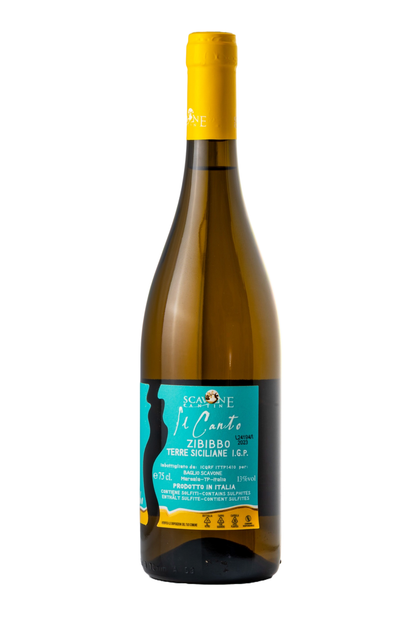 Rückseite der Flasche IL CANTO Zibibbo Terre Siciliane I.G.P. – Etikett mit Angaben zur Rebsorte, Alkoholgehalt und empfohlenen Speisen. Weißwein aus Sizilien, angeboten von Nicoletti Feinkost.