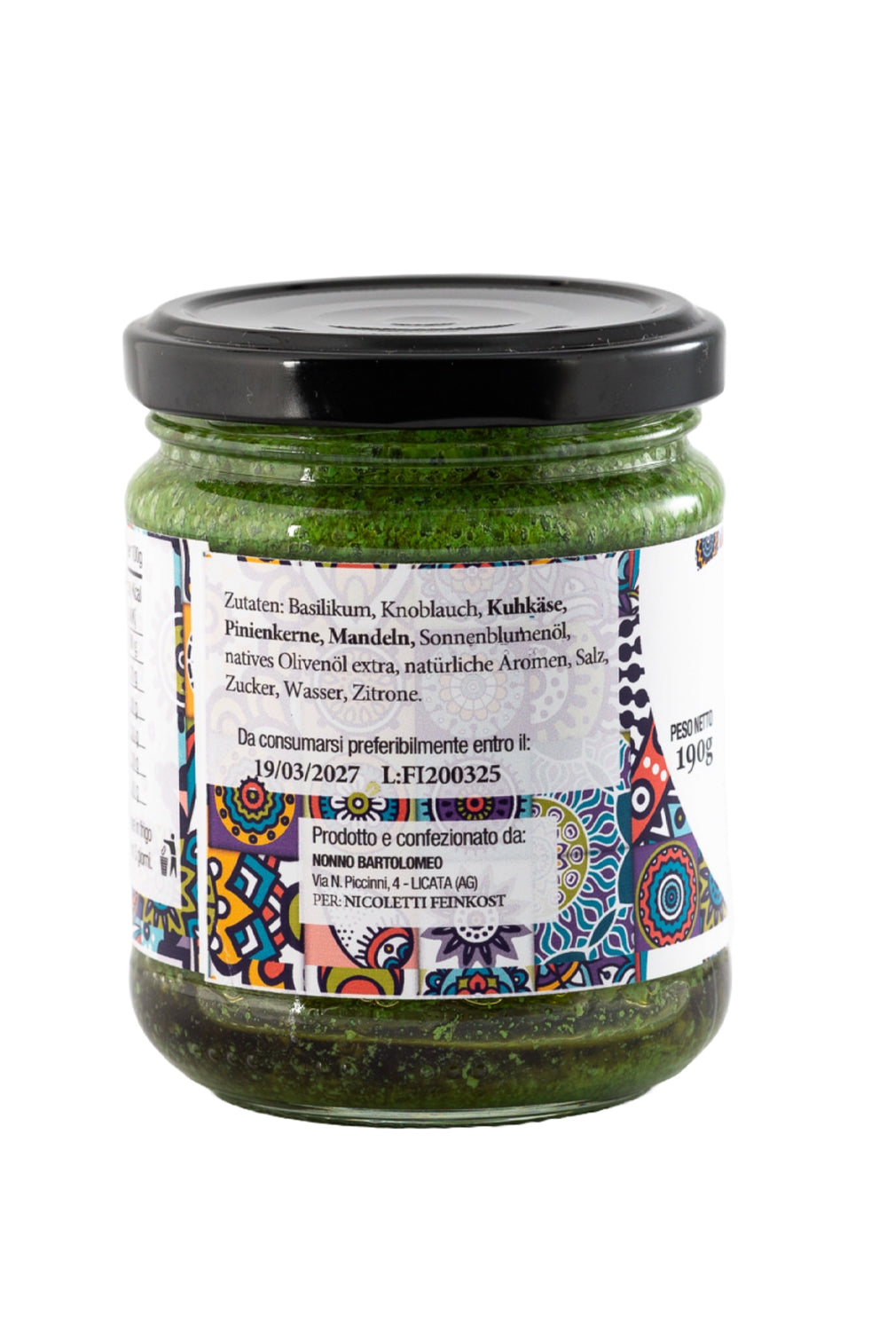 Ein Glas Pesto Basilico von Feinkost Nicoletti in Schongau– Zutaten: Basilikum, Knoblauch