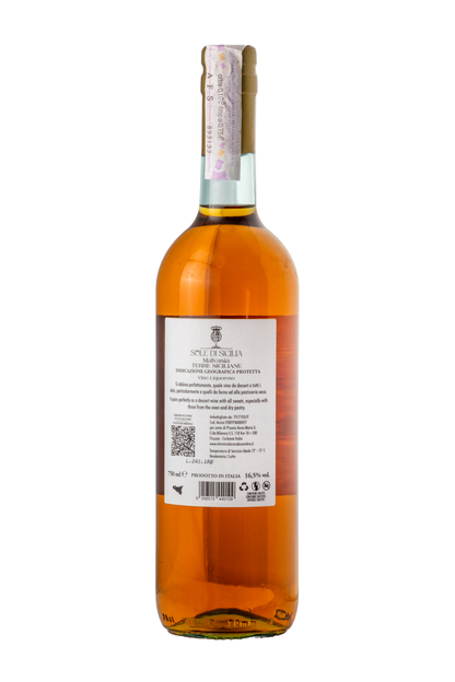 Rückseite der Flasche Sole di Sicilia Malvasia – Likörwein aus Sizilien mit Details zu Rebsorte, Alkoholgehalt und Empfehlungen für gastronomische Paarungen.